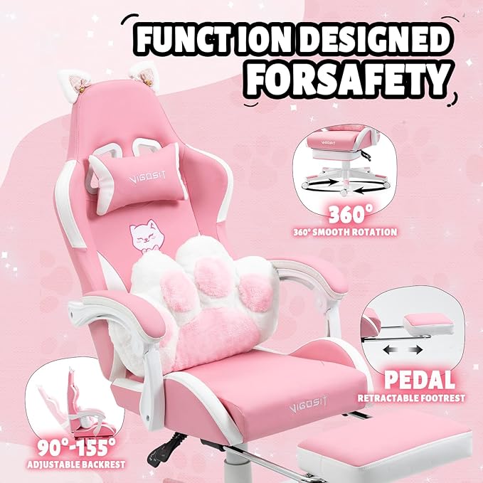 Pink Cat Gaming Chair with Footrest Ergonomic Cute Gamer Chair with Cat Ears Comfortable Desk Computer Chair for Girls Adults