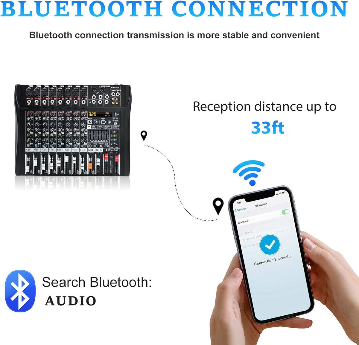 Audio Mixer 8 Channel Professional Mixer Console with 320 DSP Effects, 7-band EQ Sound Mixing Board Digital DJ Mixer w/USB Bluetooth MP3 for Recording, Independent 48V Power & Mute Button