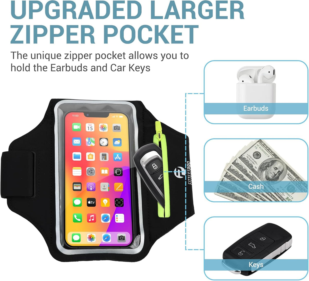 Fittest Pro Running Armband with AirPods Pocket – Water Resistant Phone Holder for iPhone 16 15 14 13 Pro Max, Galaxy S25 S24 S23, Fits Phones Up to 6.9", with Zipper Key/Card Slot