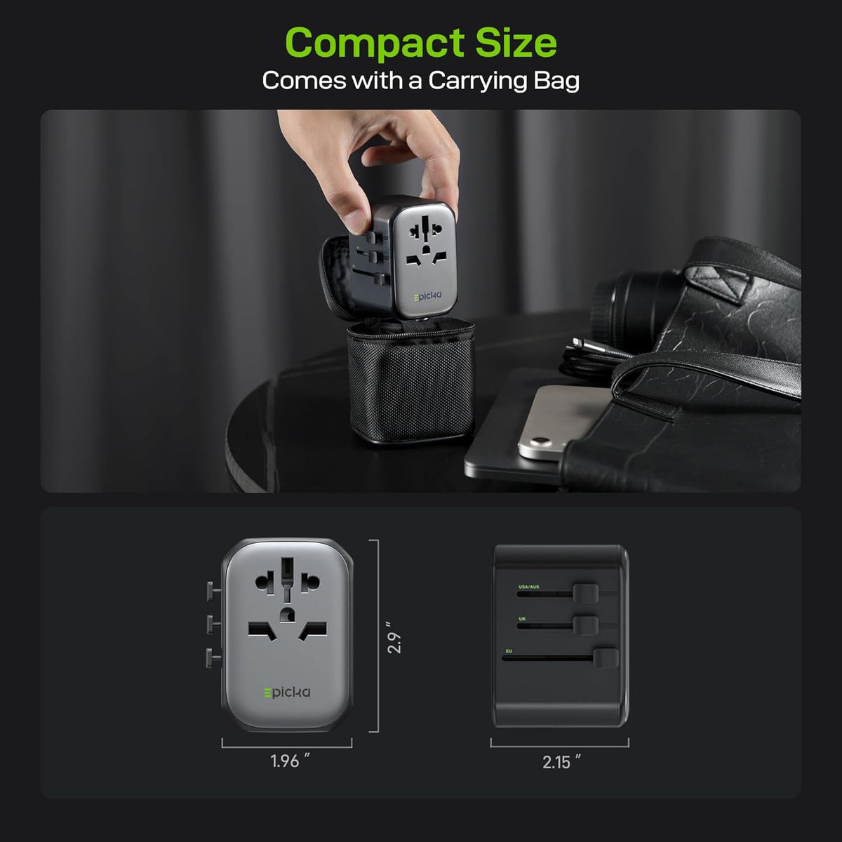 EPICKA Pulse 45W European Travel Plug Adapter, Universal Power Adapter with PD Fast Charging, 5-Port (1 AC/2 USB-A/2 USB-C) International Charger Adapter for Europe, Japan - Travel Essentials (Black)