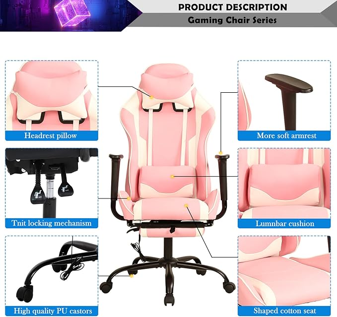 Pink Gaming Chair with Footrest Big and Tall Gaming Chairs for Adults Leather Computer Desk Chair for High Back Height Adjustable Reclining Gamer Chair with 360° Swivel Wheels &amp Lumbar Support