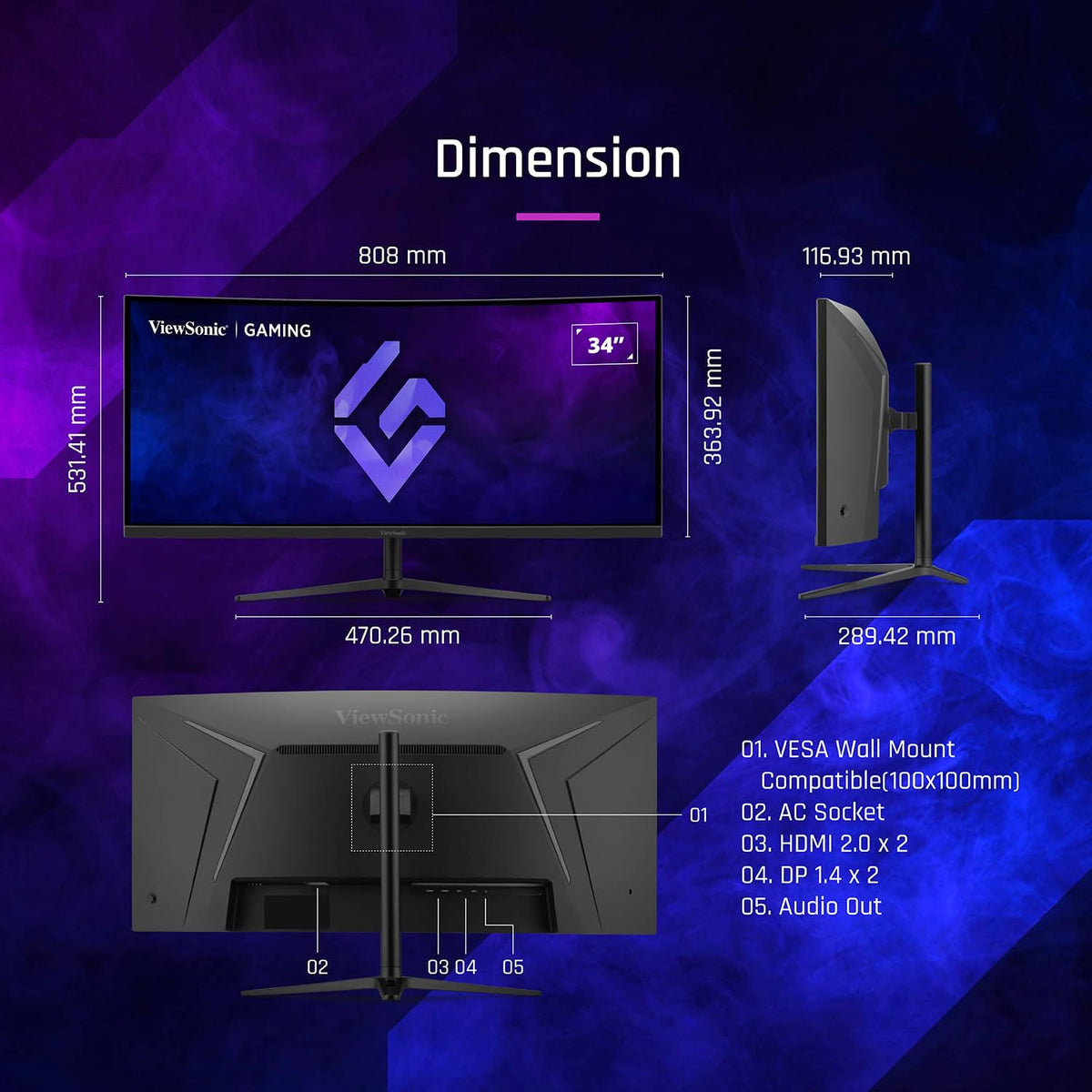 ViewSonic VX3418C-2K 34 Inch UltraWide QHD 1440p Curved Gaming Monitor with 180Hz, 1ms, 21:9, Advanced Ergonomics, FreeSync Premium, HDR10, HDMI, and DisplayPort Inputs