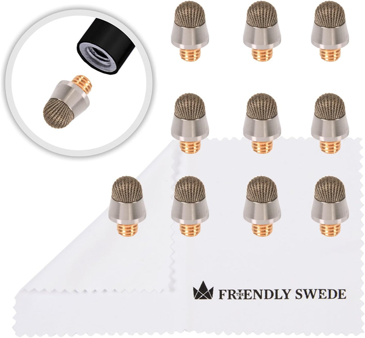 The Friendly Swede Stylus Replacement Tips for Extra Long Fiber Stylus Pen — 10-Pack Tips with Touchscreen Cleaning Cloth