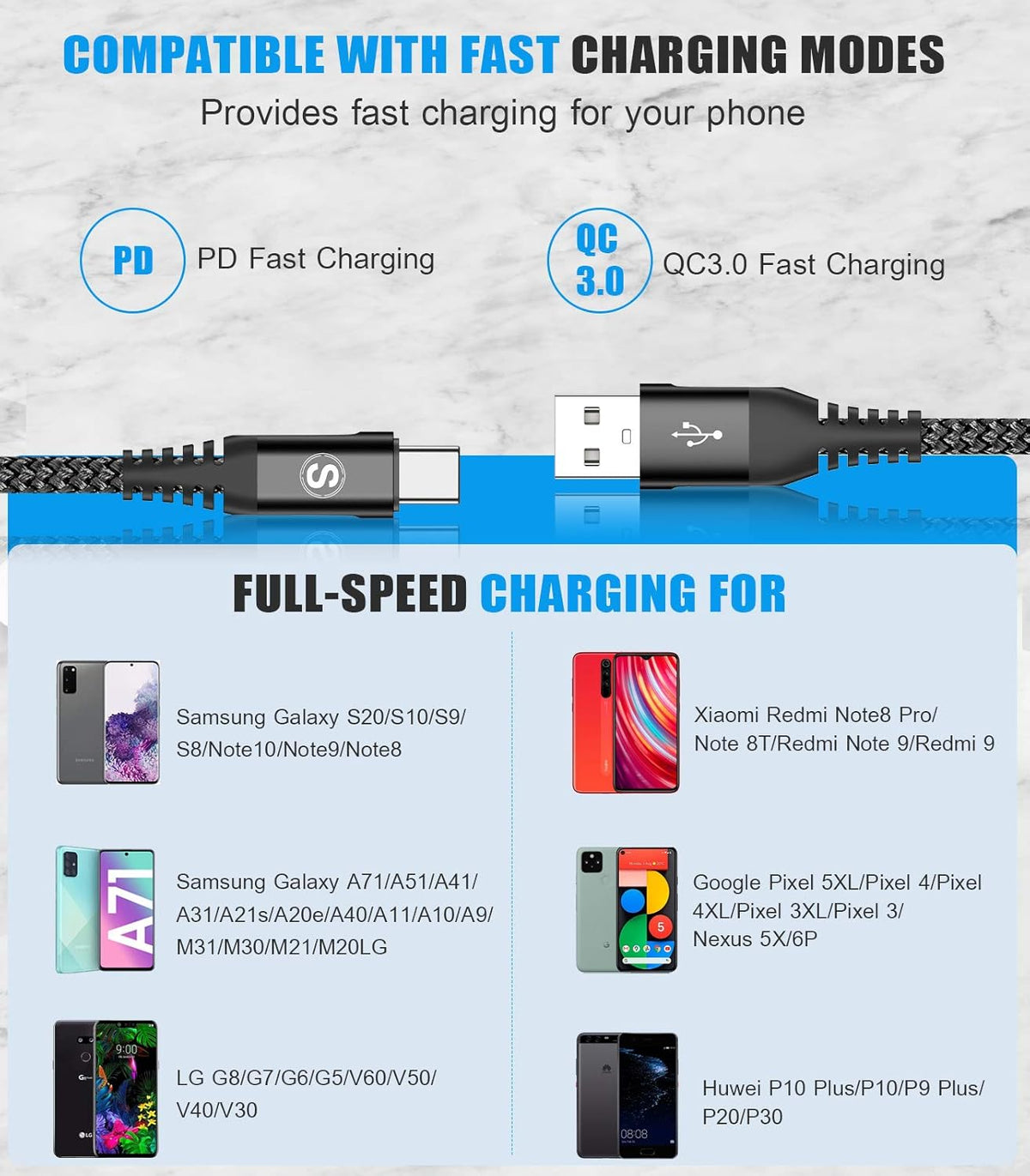 sweguard USB Type C Charger Cable [3-Pack,10ft+6.6ft+3.3ft] iPhone 16 Charger Nylon Braided Cord for iPhone 16 15 Pro Max Plus Samsung Galaxy S24 S23 S22 S21 S20 S10 Note 20 10 A54 Pixel LG Moto PS5