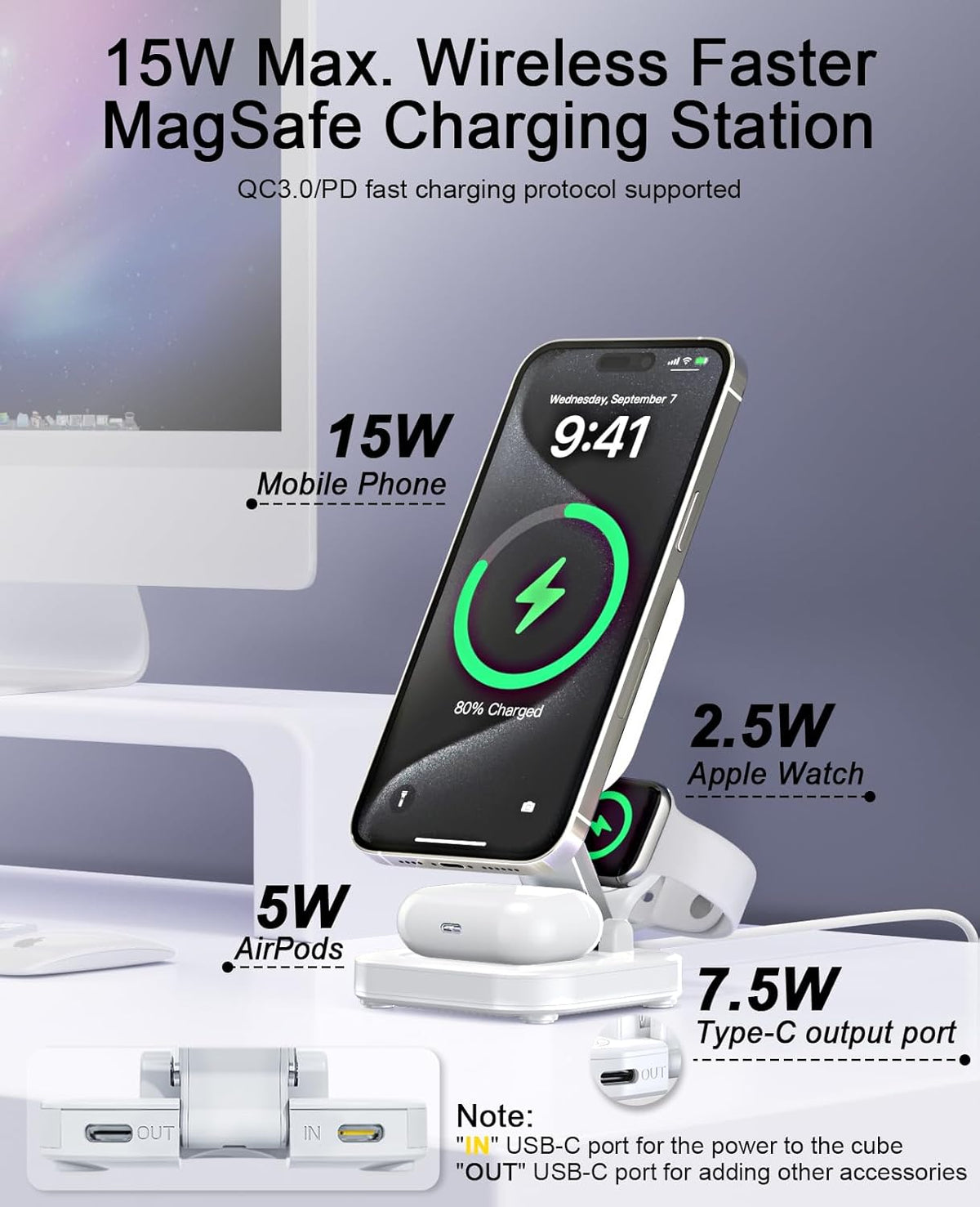 5-in-1 Magnetic Wireless Charging Stand for Apple MagSafe Charger with Night Light for iPhone 16/15/14/13/12, Watch, AirPods, Travel Magnetic Charger Nightstand Charging Station (Adapter Included)