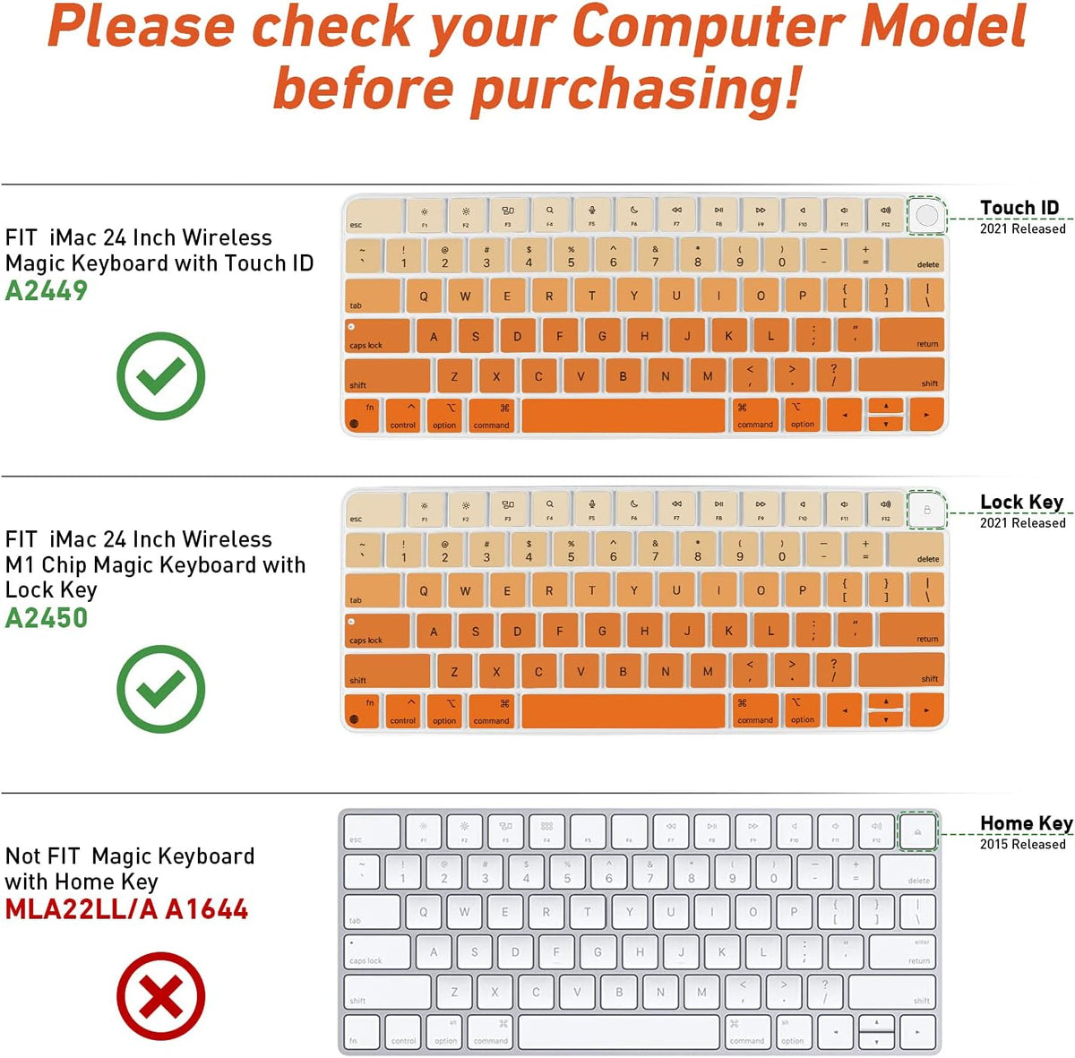 Allinside Silicone Keyboard Cover for iMac Magic Keyboard A2449/A2450, Protective Skin for iMac 24" Wireless Keyboard Released in 2021, US Layout, Ombre Orange