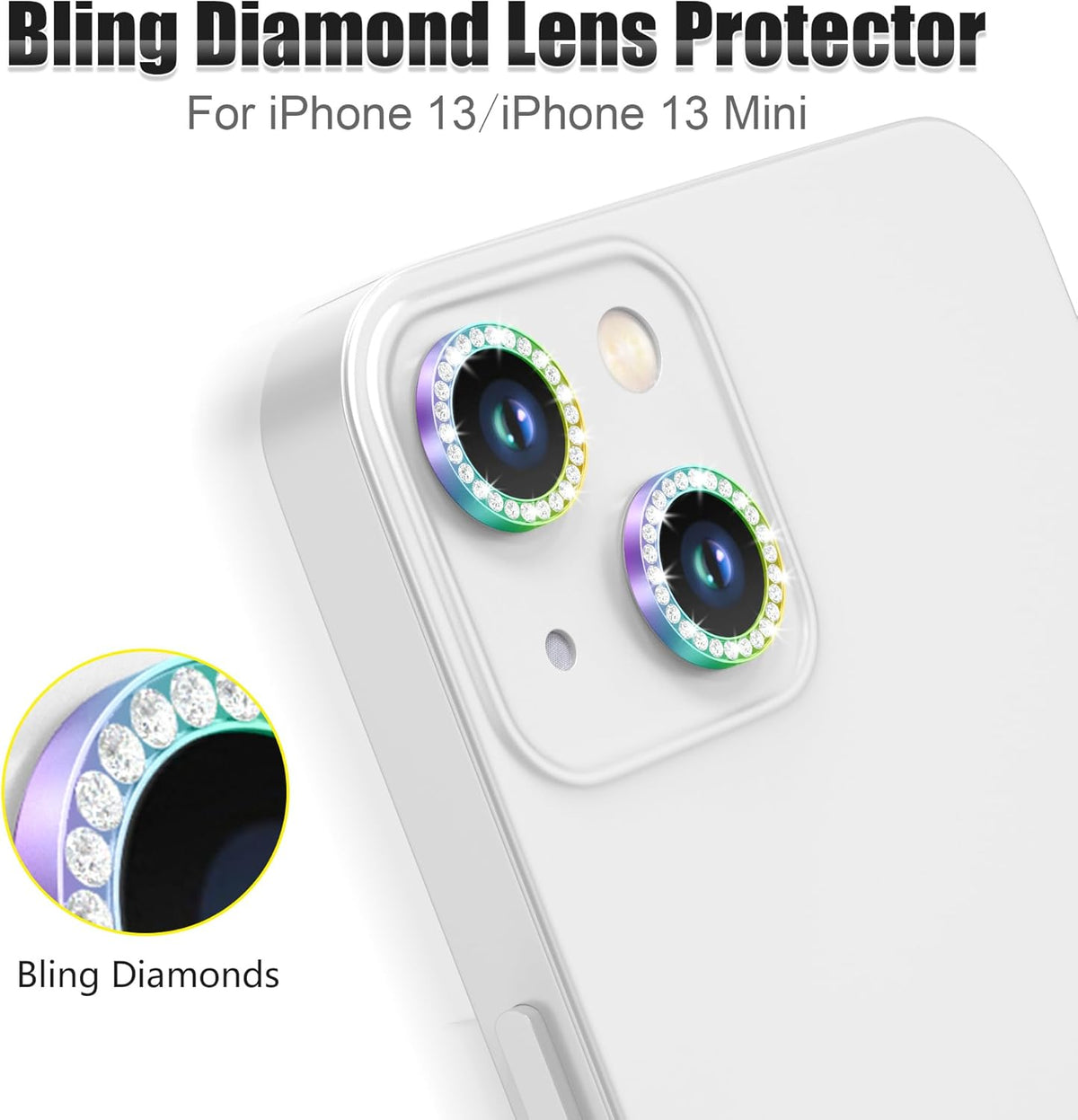 AGVEE 3+3 6 Pack for iPhone 13 6.1" / 13 Mini 5.4" Camera Lens Cover Protector, Bling Diamond & Bling Glitter Metal Ring 9H Tempered HD Glass Camera Cover Protector Film, Bling-Colorful