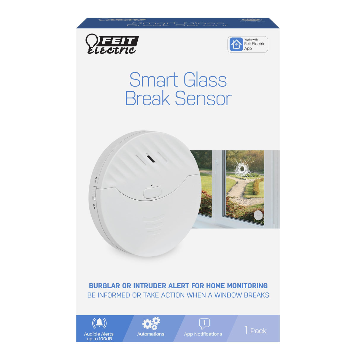Feit Electric Smart Wi-Fi Glass Break Sensor with Audible Alarm, Wireless, 24/7 Home Security System with Mobile App Notification, Battery Operated