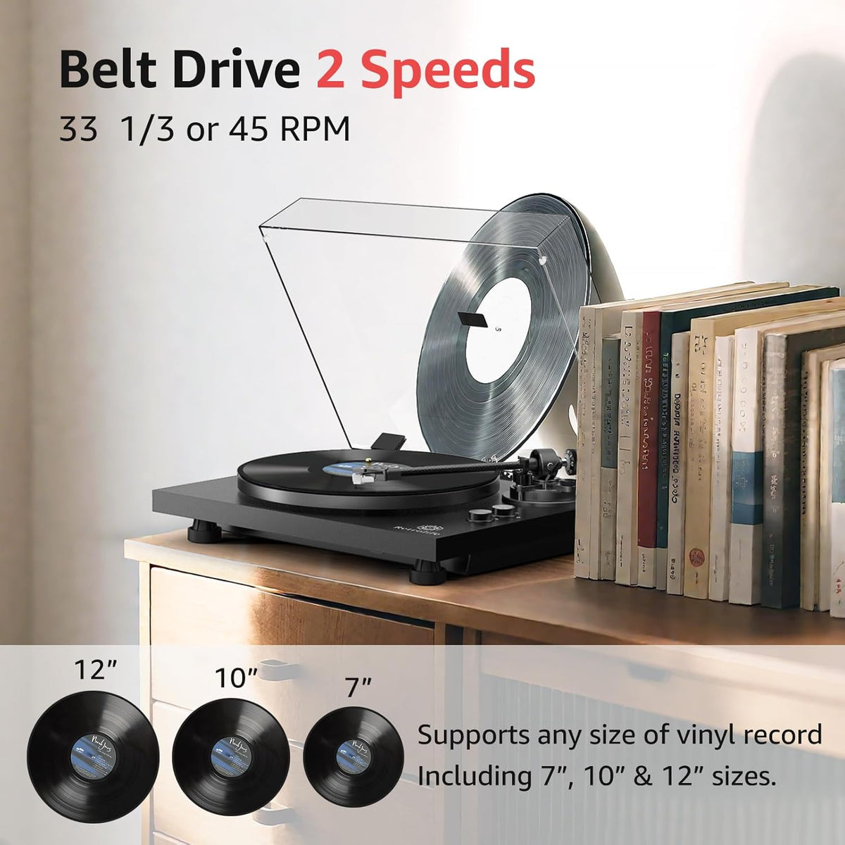 Record Player Wireless Output Turntable Carbon Fiber Tonearm Vinyl Player Aluminium Platter Belt-Drive LP Turn Tables 2 Speed RPM Phono RCA Line Output AT-3600L MM Cartridge Audio Sound Pure Black