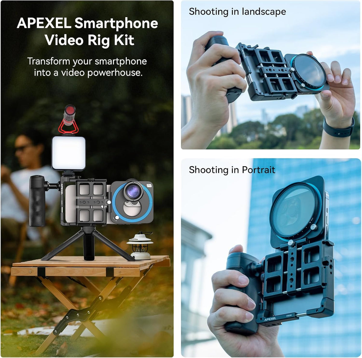 APEXEL Universal Phone Rig Video Kit. Aluminum Handheld Smartphone Vlogging Cage with Rechargeable Handle Wireless Bluetooth Shutter, Phone Stabilizer for Videomaker Compatible with iPhone/Android.