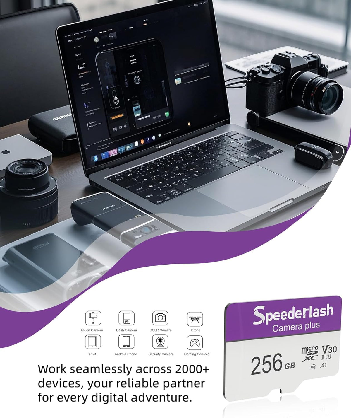 Micro SDXC Memory Card 256GB-Speederlash Camera Plus TF Card with Adapter, Up to 100MB/s Read Speed, 4K UHD&5K Video Support, U1, V30, A1 Rated, Waterproof, for Security Camera, Dashcam