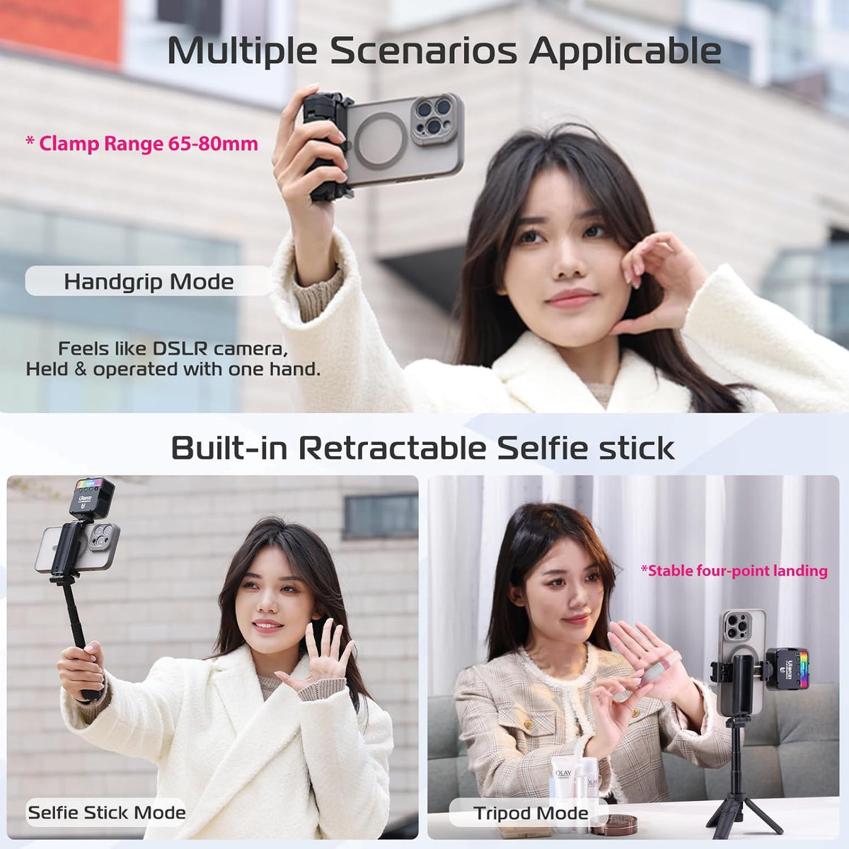 ULANZI JJ02 Selfie Stick Tripod, Extendable Grip Phone Tripod with Detachable Remote Pocket Size, 3-in-1 Mini Phone Grip 2 Cold Shoe, 10m/393.7'' Wireless Shutter, Vlog Livestreaming Photography