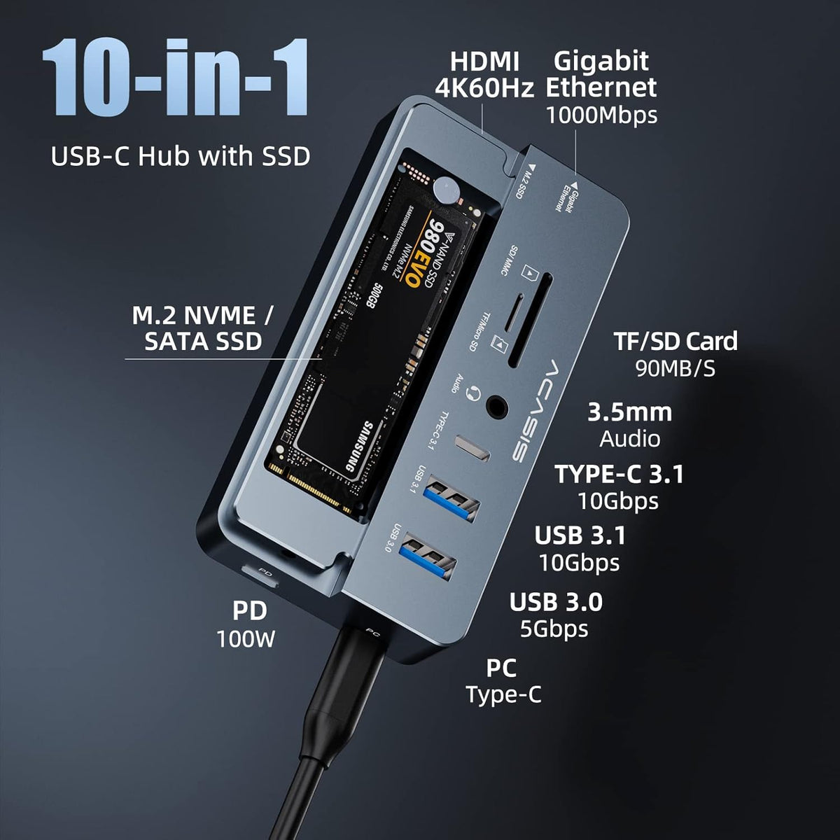 USB C Laptop Docking Station HDMI 4K60Hz with Nvme Enclosure, ACASIS 10-in-1 USB C Hub Multiport Adapter with HDMI, PD, Ethernet, SD/TF, 10G USB C/A Ports, Audio, Works for Mac/Dell/HP/Surface