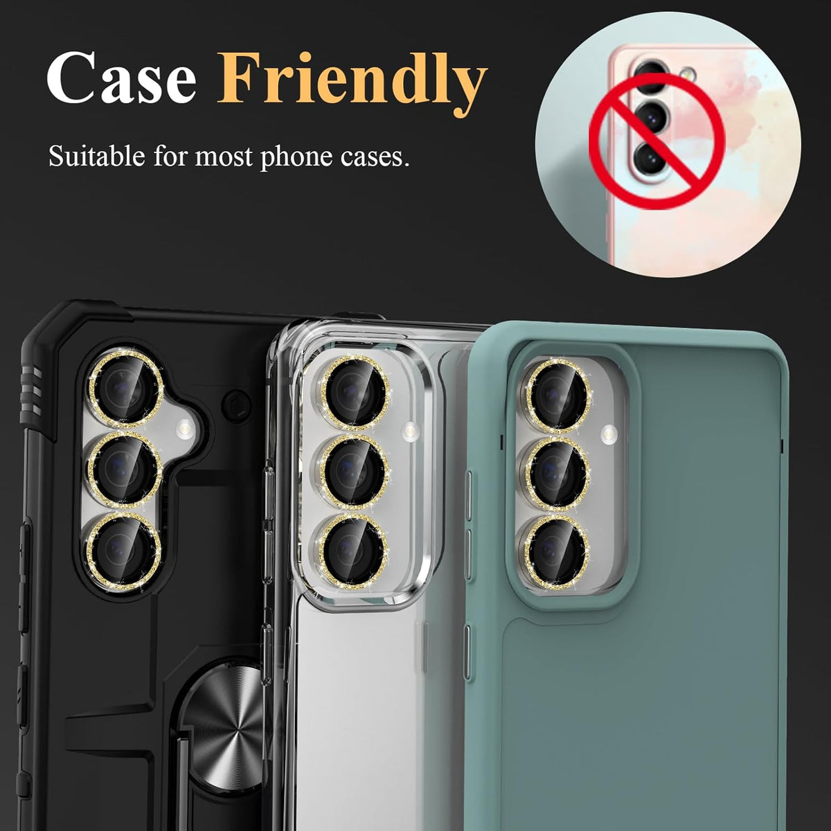 YWXTW Camera Lens Protector for Samsung Galaxy S24 / S23 / S23 Plus, [NOT for S24 Plus] 9H Tempered Glass Metal Individual Ring Camera Screen Protector for S24 Accessories (Gold Glitter)