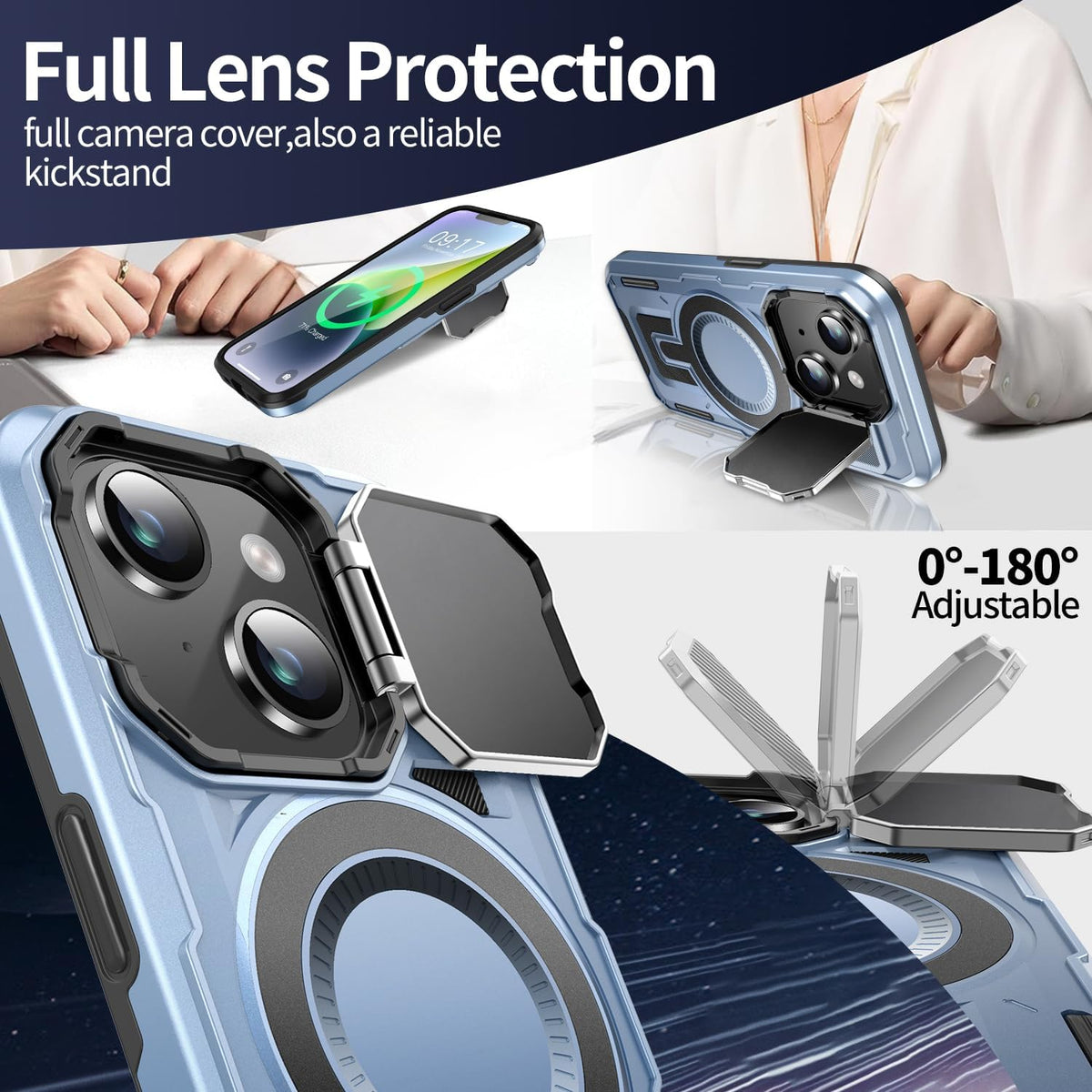 Camera Stand Case for iPhone 13/14, [Compatible with MagSafe] [Lens Cover] 2024 Version Military Grade Protective Soft Case for iPhone 13/14 6.1 inch Men Women, Blue