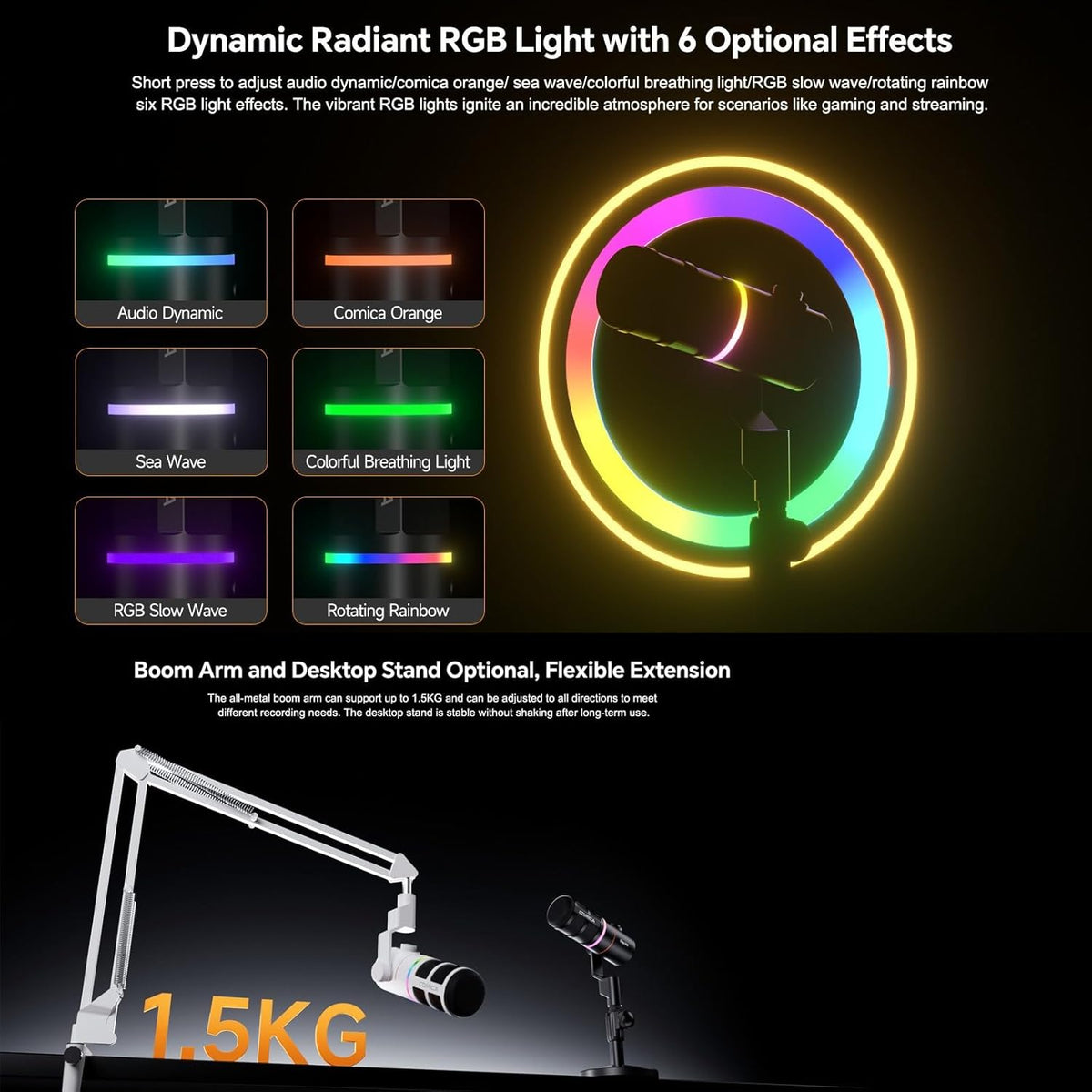 COMICA EJoy D10 A USB/XLR Dynamic Microphone with RGB Light &CalMix Denoise &Mute Button- Studio-Quality Cardioid Mic with Boom Arm Stand for Gaming, Streaming, Podcast,YouTube(PC/PS5/Xbox/Mac-Black
