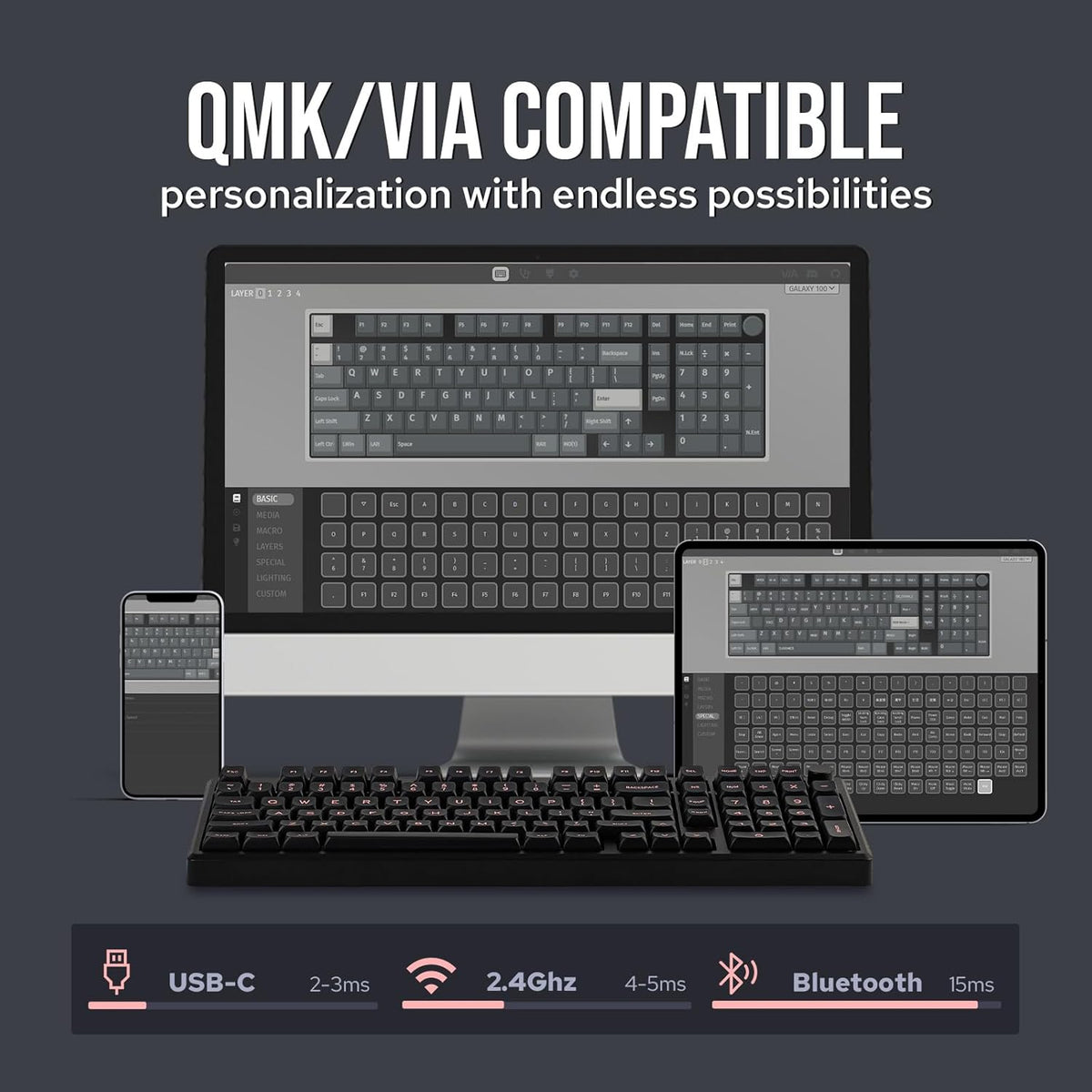 EPOMAKER Galaxy100 QMK/VIA Wireless Gaming Keyboard, Aluminum Shell, Bluetooth/2.4Ghz/USB-C, Pre-Lubed Hot-Swappable Linear Switches, NKRO, RGB Backlit (Black, Marble White Switch)