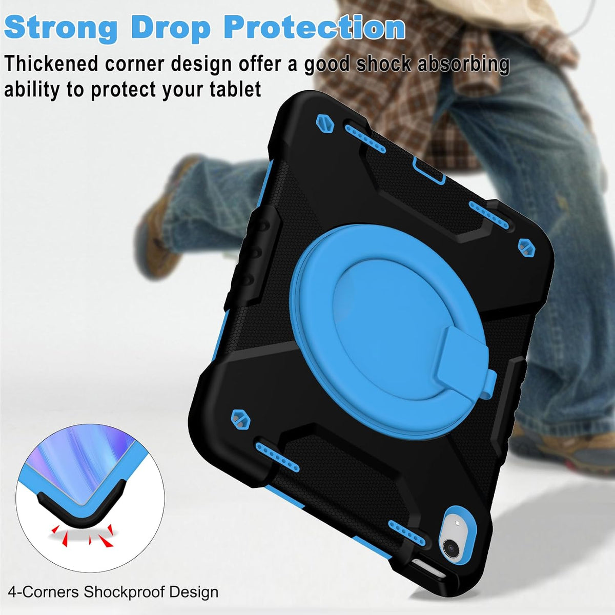 Case for iPad (A16) 11th Generation 11 inch 2025/10th Generation 10.9 inch 2022, Heavy Duty Shockproof Kids Protection Cover with Pencil Holder/360° Rotating Stand/Handle/Shoulder Strap, Black Blue