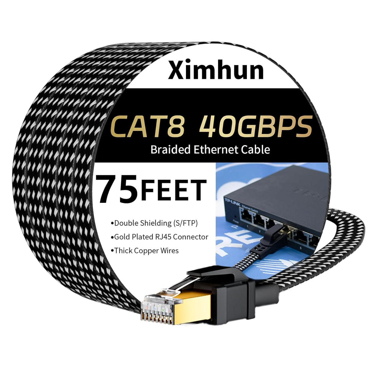 8 75FT, RJ45 40Gbps 2000Mhz Cat Ethernet Cable High-Speed Braided Internet Cable Network Cord with Connector Heavy Duty