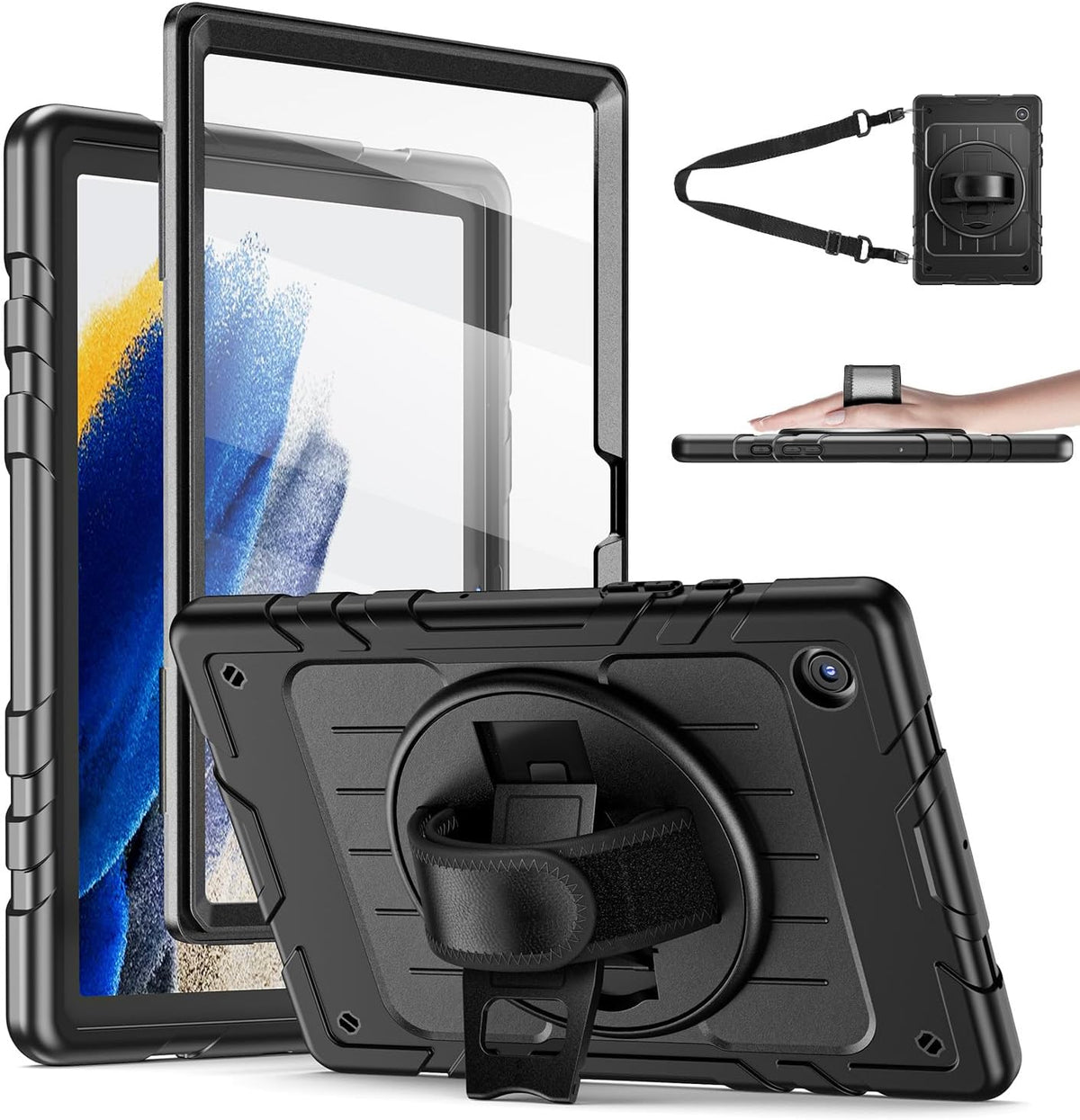 for Samsung Galaxy Tablet A8 Case 10.5 inch 2022 SM-X200/X205/X207 with Screen Protector [360 Rotating Stand] &Hand Shoulder Strap Shockproof Rugged Protective Cover|Black
