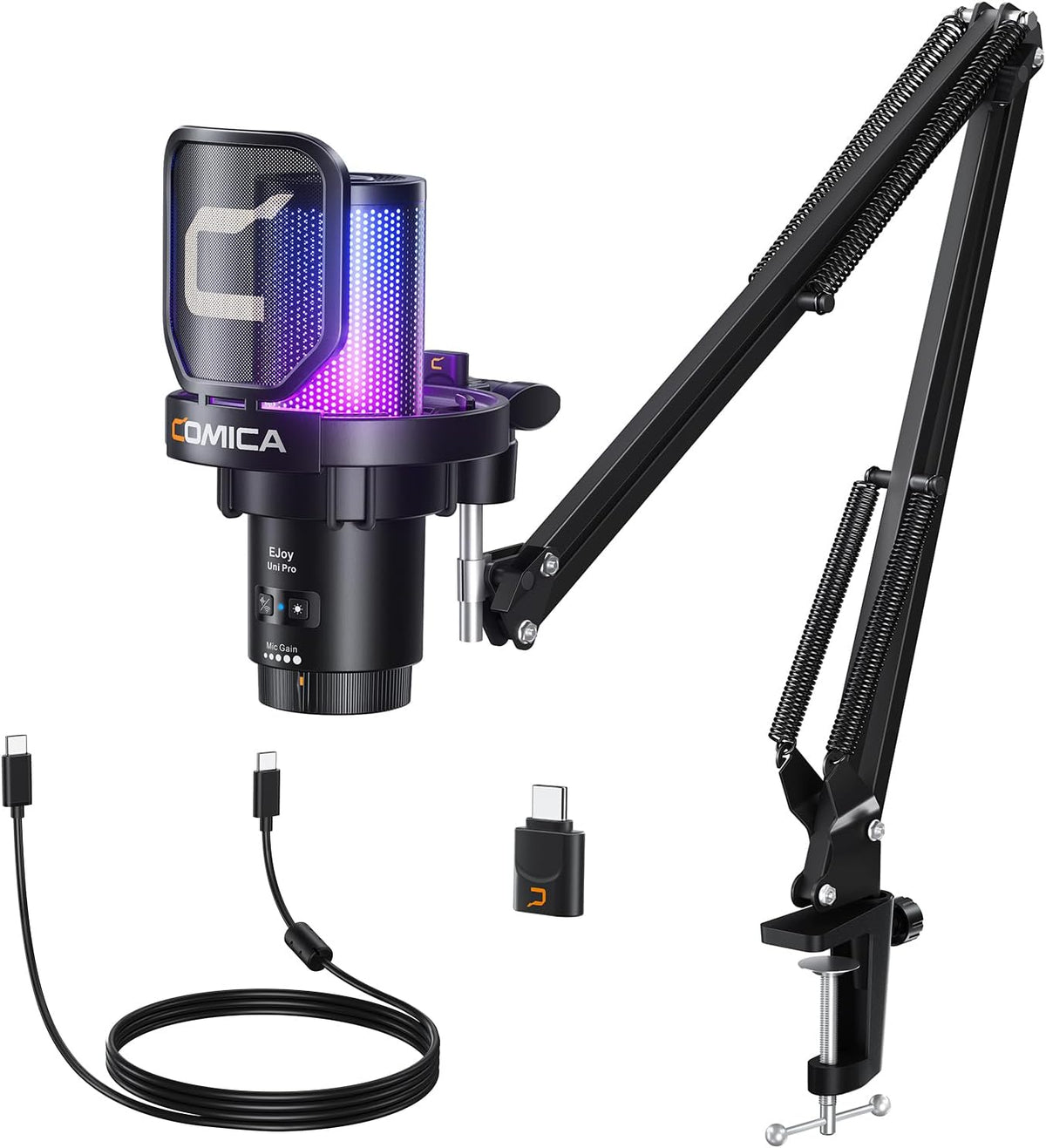 COMICA Ejoy Uni PRO(A) USB Wireless Microphone with Noise Cancellation, RGB Lights, Monitoring, Muting, Boom Arm Mic for Computer, PS5, PS4, Streaming, Podcast, Chat, Twitch, Discord