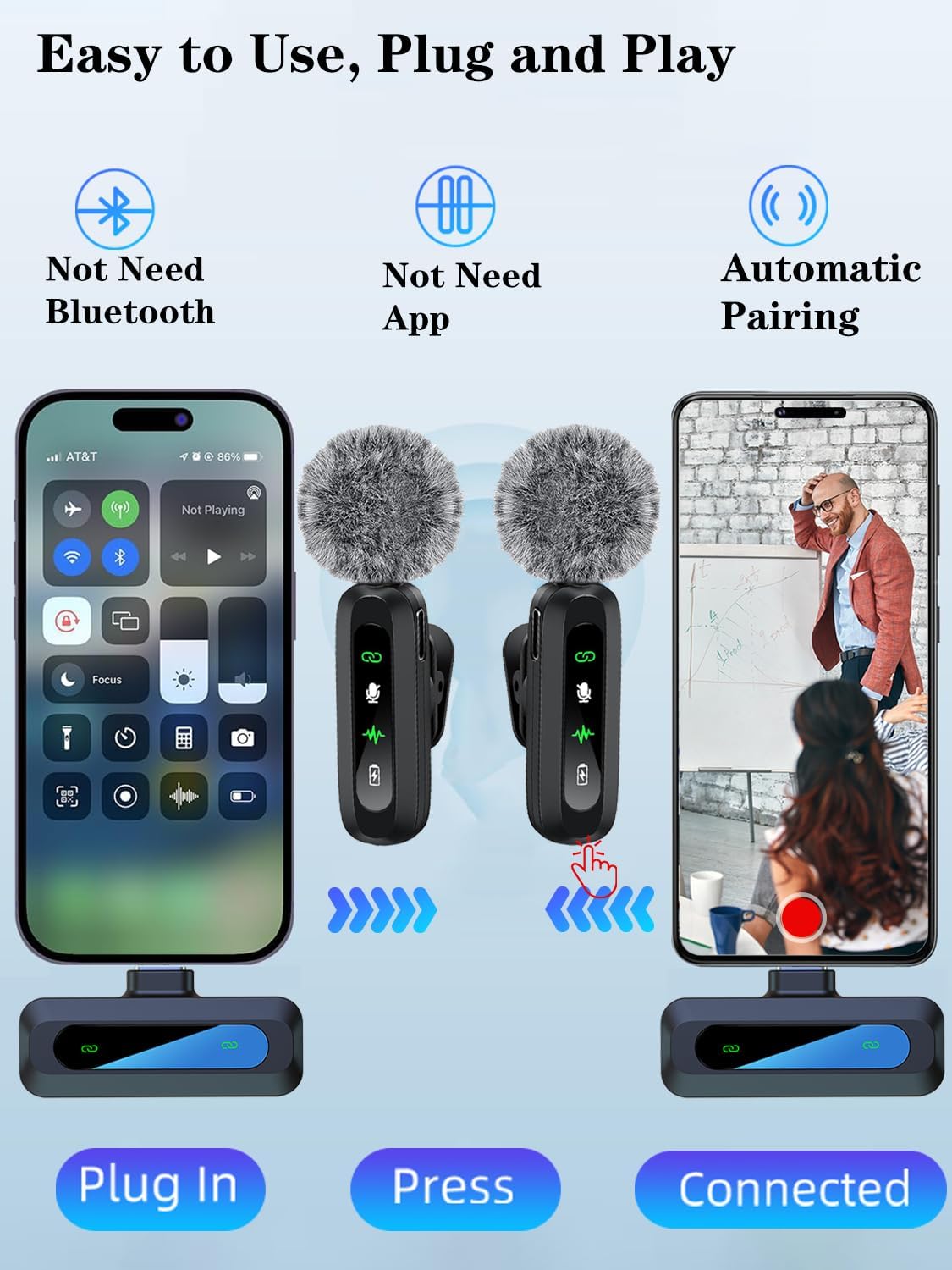 Wireless Lavalier Microphone for iPhone Android Plug-Play,2 Pack Mini Microphone Professional Noise Reduction Recording Clip Mic for Creator Vlog Creator (All iPhones & Androids (USB-C + Lightning))