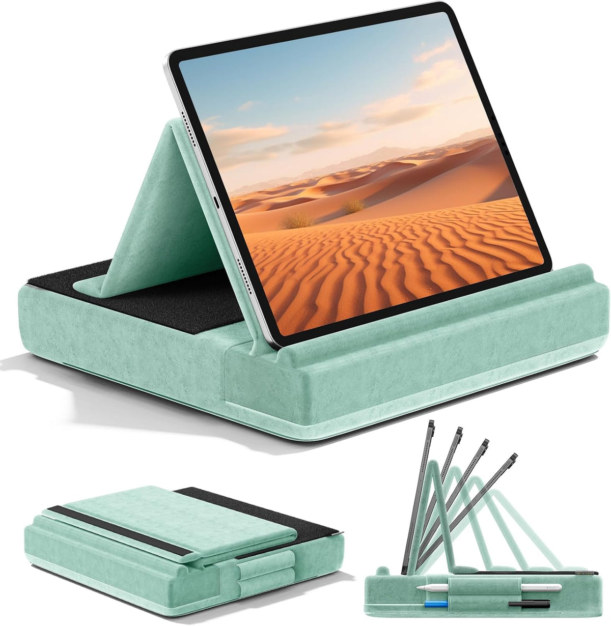 KDD Tablet Pillow Stand, Multi-Angle Viewing Ipad Holder for Lap, Bed and Desk, Foldable Soft Pad Dock with Stylus Mount Compatible with Ipad Pro 12.9, 10.5, 11, Air, Mini, Phones, Books, E-Reader
