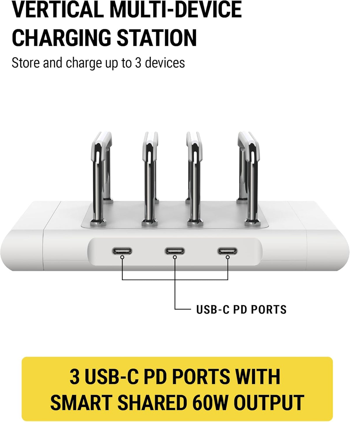 Scosche BL2MD BaseLynx™ 2.0 Vert, 60W USB-C Vertical Charging Station for Multiple Devices, Charger Organizer with 3 PD Fast Charge Ports, Modular System Compatible with Apple iPhone & iPad, White