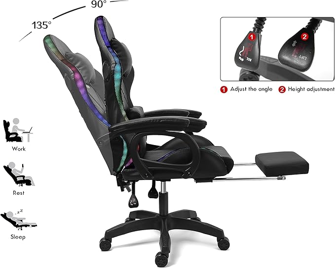 TBQATNTS Gaming Chair with RGB LED Light Ergonomic Massaging Computer Gaming Chair Video Gaming Chair with Footrest Reclining Gaming Chair with Speakers Office ChairRed