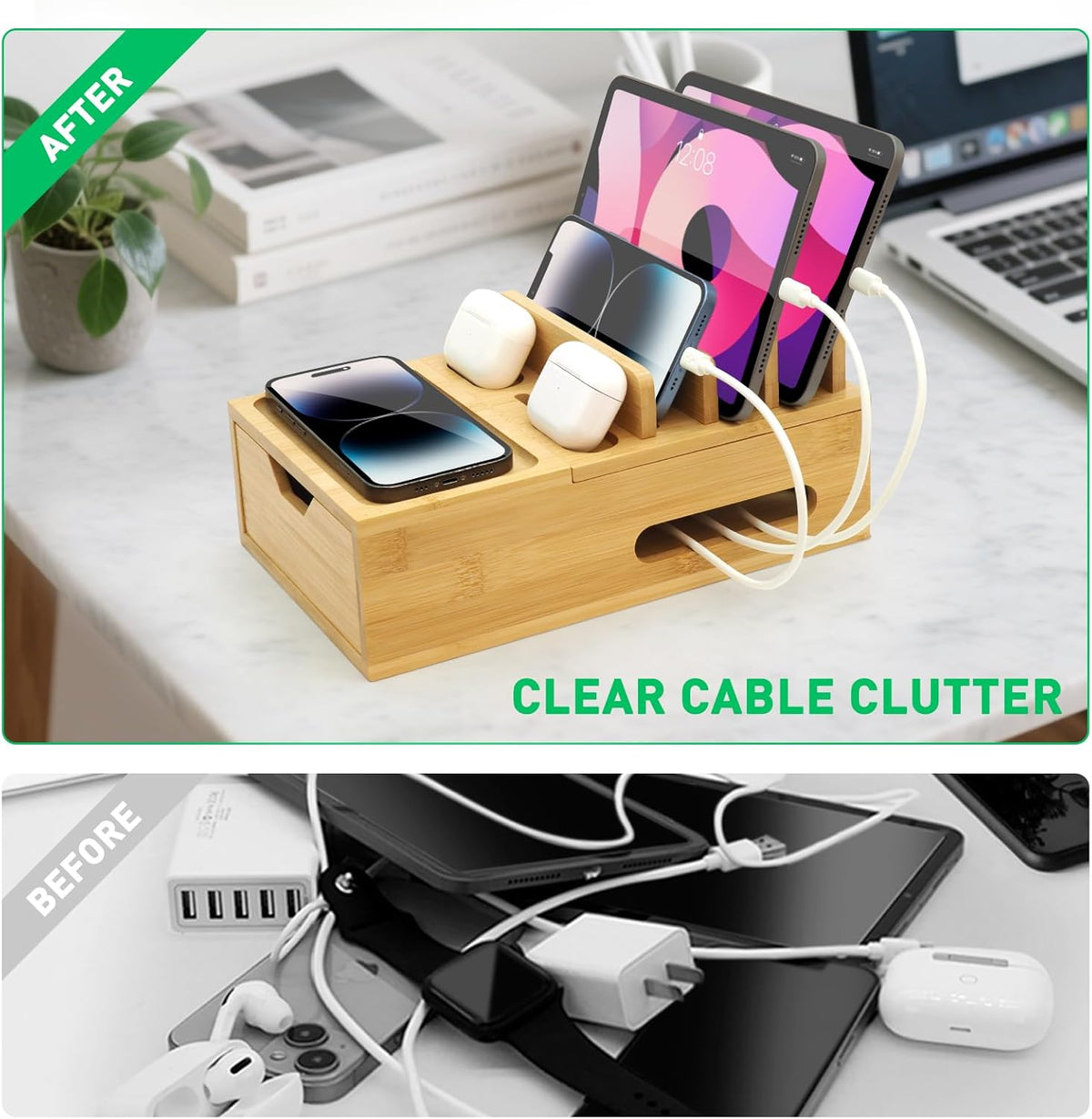 Bamboo Charging Station for Multiple Devices, Desktop Wood Charger Organizer with Drawer & Tray -Included 6 Cables, Compatible with Multi Devices, Cell Phone, Tablet, Earphones (No USB Charger)