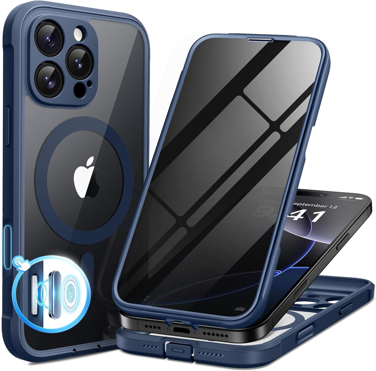 BERFY Magnetic for iPhone 16 Pro Max Case, Compatible with MagSafe, Built-in Privacy Screen Protector and Upgraded Camera Protection, Anti-Spy Full Body Shockproof Phone case for 16 Pro Max 6.9", Blue