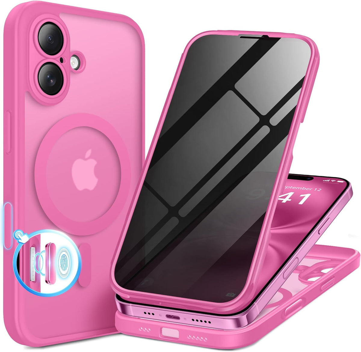BERFY Magnetic for iPhone 16 Case, Compatible with MagSafe, Built-in Privacy Screen Protector and Upgraded Camera Protection, Anti-Spy Full Body Shockproof Phone Case for 16 6.1", Peony