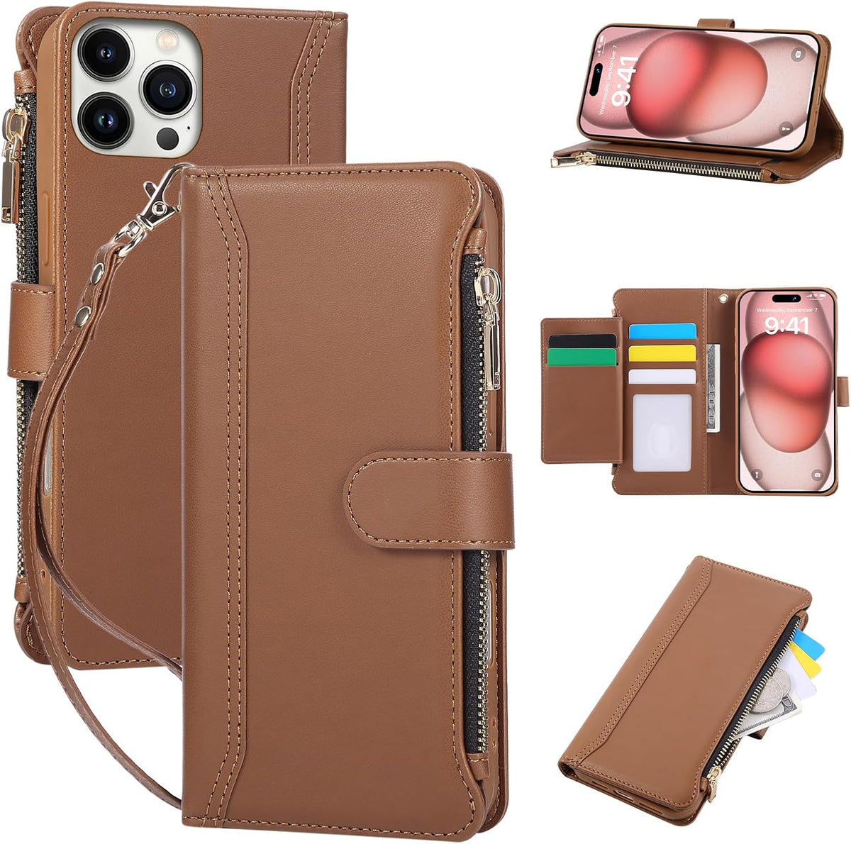 Compatible with iPhone 16 Pro Max Wallet Phone Case-PU Leather Magnetic Flip Cover with Credit Card Slots,Zipper Pocket & Detachable Wrist Strap,Shockproof Design,for Women and Men-Brown