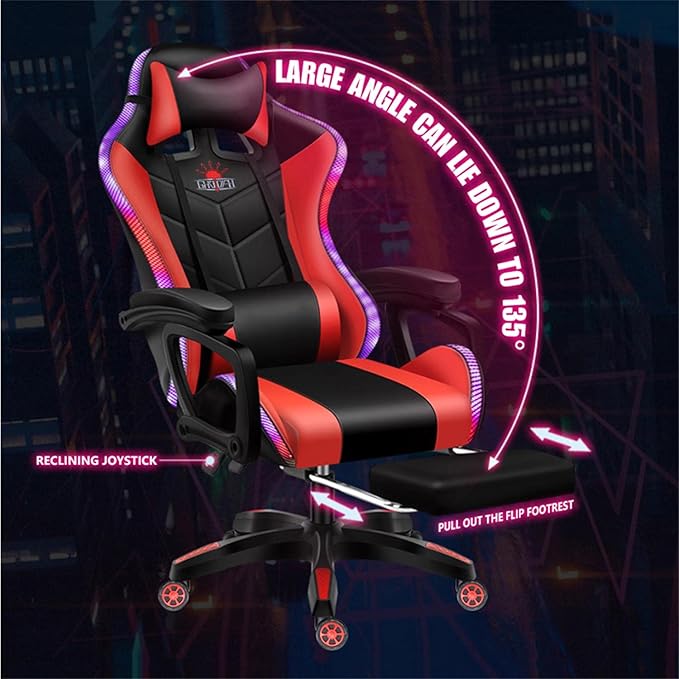 Gaming Chair with Speakers LED Video Game Chair with Footrest Ergonomic Game Chair with Full Massage Lumbar Support Backrest Adjustable Reclining Gamer Chairs for AdultsPink
