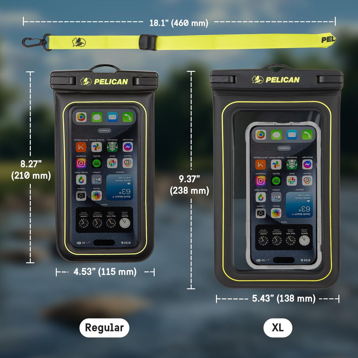 Pelican 4 Pack Marine - IP68 Waterproof Phone Pouch (XL Size) Floating Waterproof Phone Case - Beach Cruise Ship Travel Essentials - Works with All Phones - Detachable Lanyard - Black/Hi-Vis Yellow