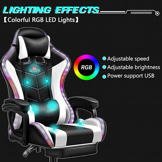 XOOFMASS Gaming Chair Massage with Footrest Gamer Chair with LED Lights and Spakers Ergonomic Gaming Chair for Adults Video Game Chair with Headrest and Lumbar SupportWhite