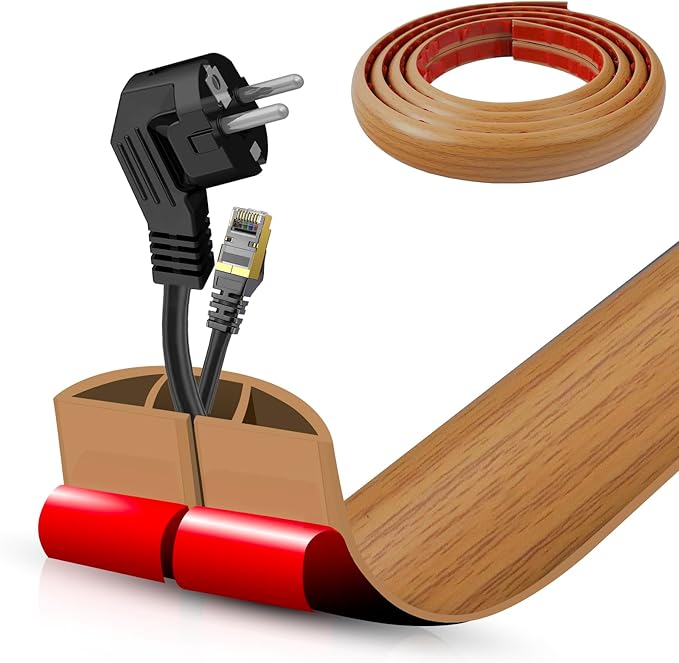 Floor Cord Cover Self Adhesive Cord Hider,10FT Cable Management, Extension Strip Protector for Wires, Prevent Cable Trips for Offices, Gyms, Exhibitions Cavity:0.47"(W) x 0.35"(H) Brown Wood