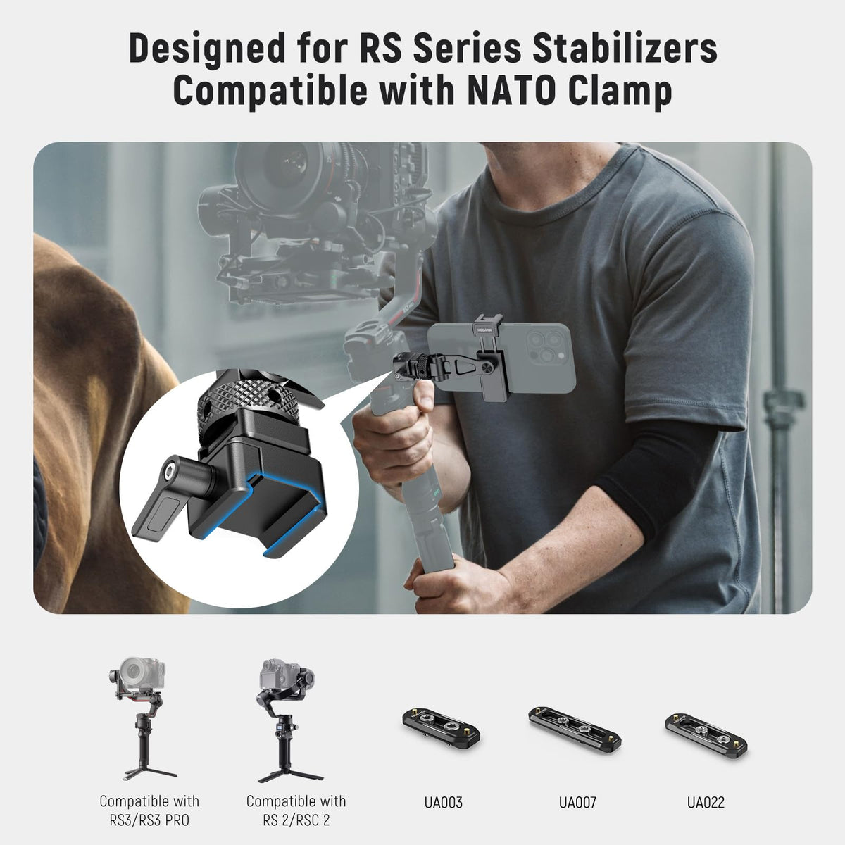 NEEWER Metal Phone Tripod Mount with Cold Shoe NATO Clamp Compatible with DJI RS5 RS4 RS3 Pro RS2 RSC2 Gimbal Stabilizer, 180° Tilt Phone Clip Holder