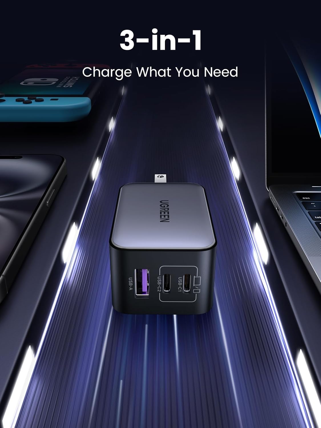 UGREEN 65W USB C Charger Block, Nexode 3-Port GaN Fast Type C Charger, Compact Foldable Power Adapter for MacBook Pro/Air, Dell XPS, iPhone 16/15, iPad Pro, Galaxy S25, (Black)