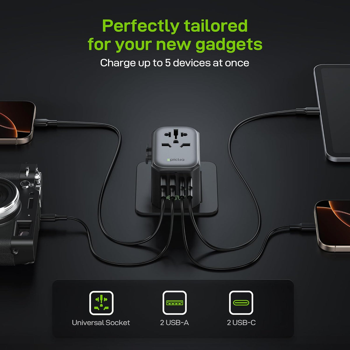EPICKA Pulse 45W European Travel Plug Adapter, Universal Power Adapter with PD Fast Charging, 5-Port (1 AC/2 USB-A/2 USB-C) International Charger Adapter for Europe, Japan - Travel Essentials (Black)