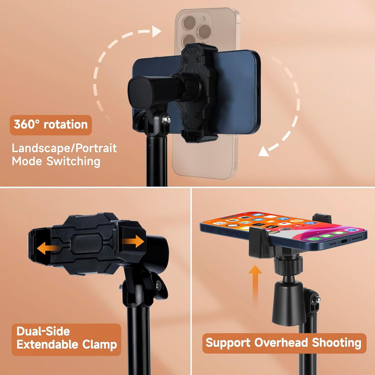 Adjustable Phone Stand for Desk with Clip Mount Live Streaming: 360° Rotatable Overhead Shot Holder with Sturdy Metal Base, Compatible with TikTok, YouTube, Zoom Video Recording (Black)