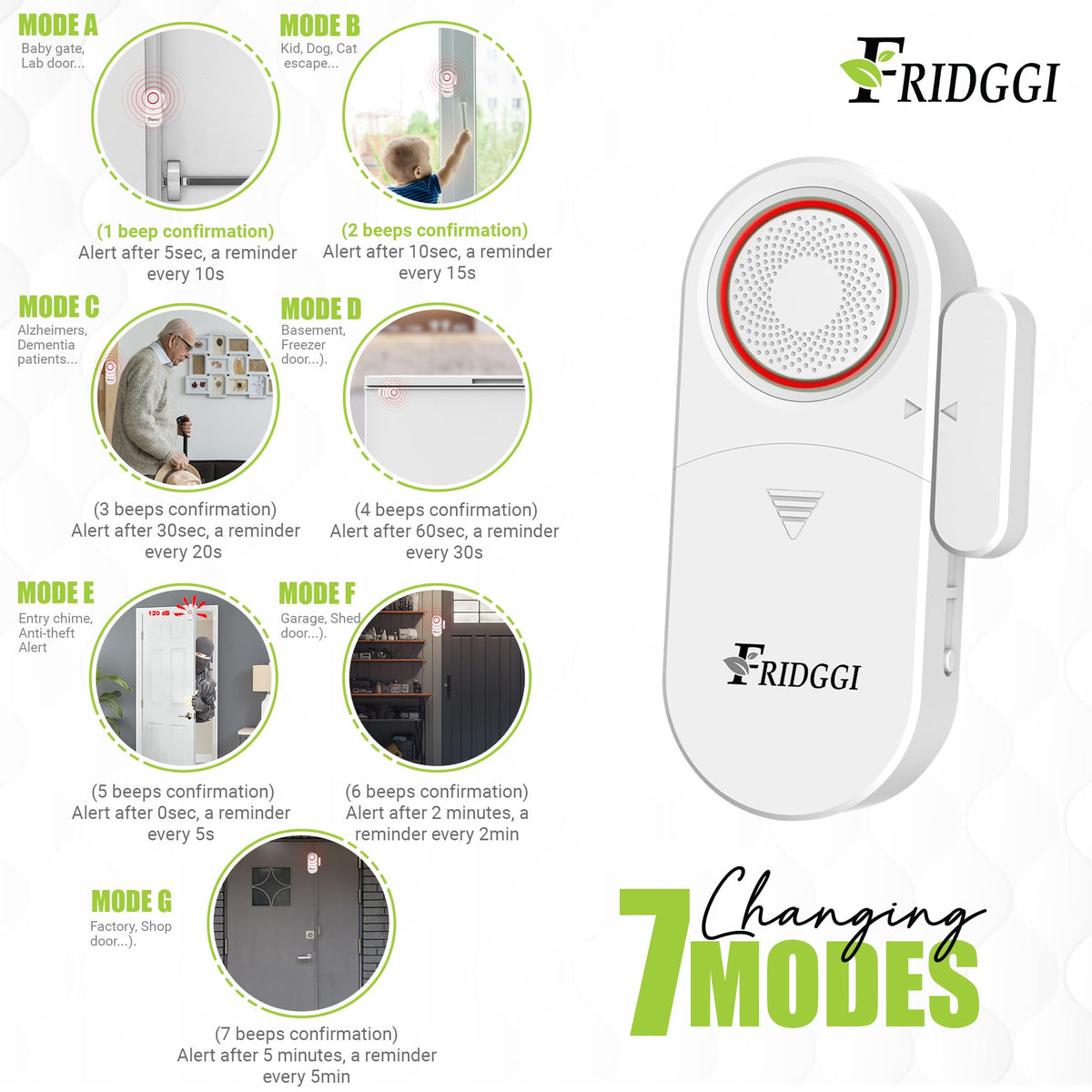 3-in-1 Alarm - Door Left Open Alarm, Doors Chime with Delay, 0/5/10/30/60 Seconds, 2/5 Minutes, Gate Ajar Alert, 80 to 120 dB, Close Door Reminder