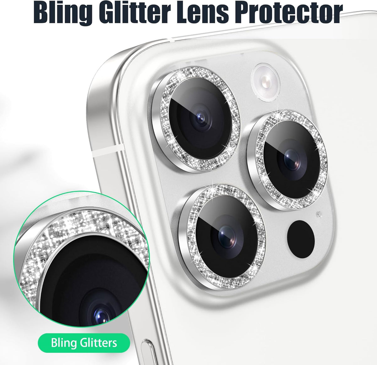 AGVEE 3+3 6 Pack for iPhone 16 Pro 6.3" / 16 Pro Max 6.9" Camera Lens Cover Protector, Bling Glitter & CD-Textured Metal Ring 9H Tempered HD Glass Camera Cover Protector Film, Glitter-Silver