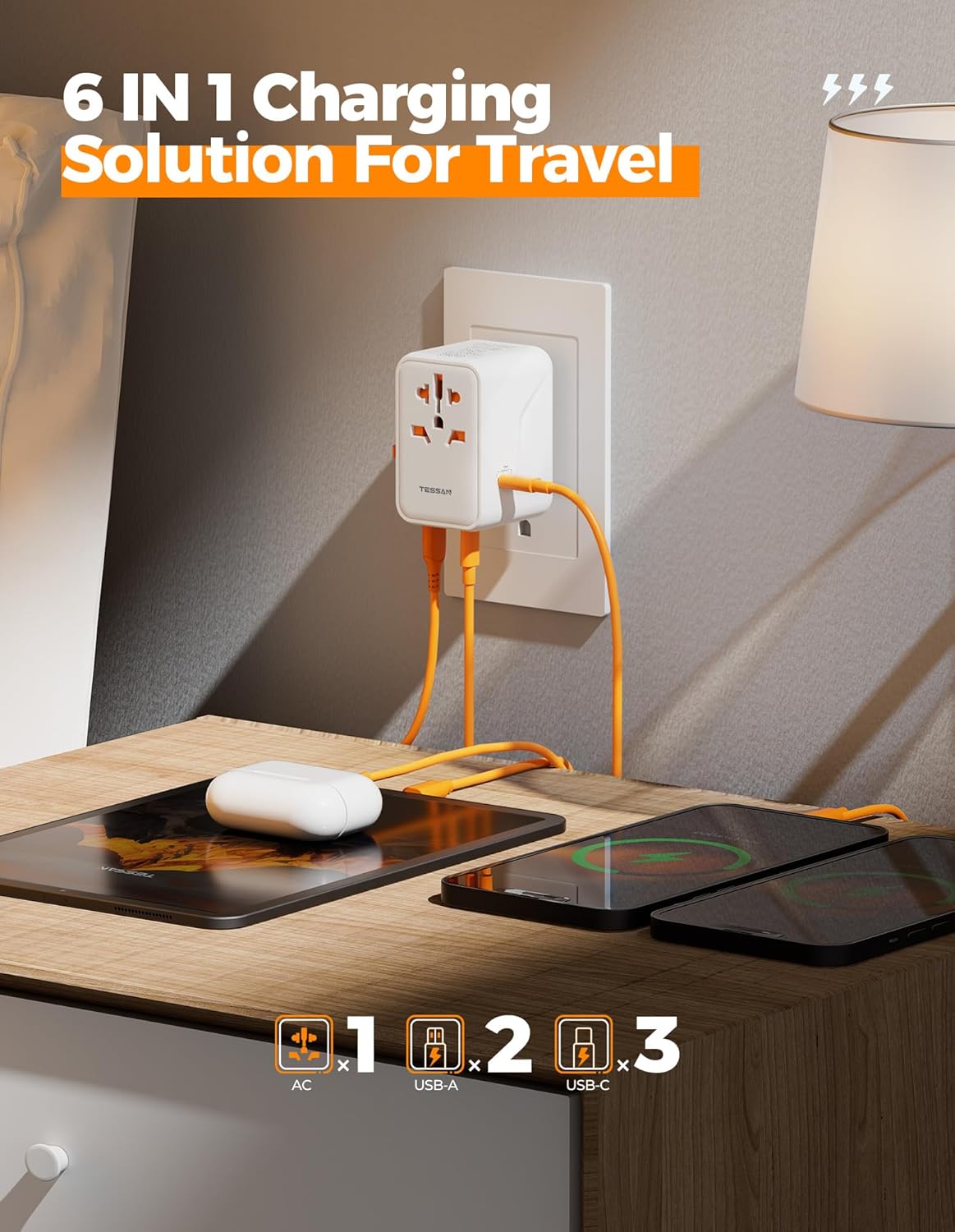TESSAN Universal Travel Adapter 100W GaN, International Power Adapter with 5 USB(3 USB C) Charging Ports, Worldwide Outlet for US to European Europe UK AUS Ireland(Type C/G/A/I)