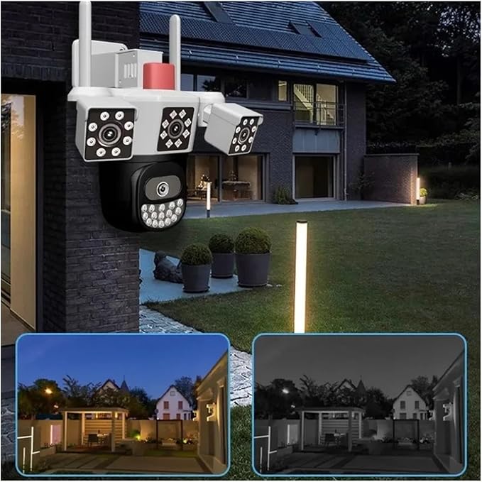 Outdoor Surveillance Camera 360 Ptz Tri-Lens Home Alarm Telecamera WiFi Color Night Vision Webcam Waterproof Panoramic Camera(64G TF Card)