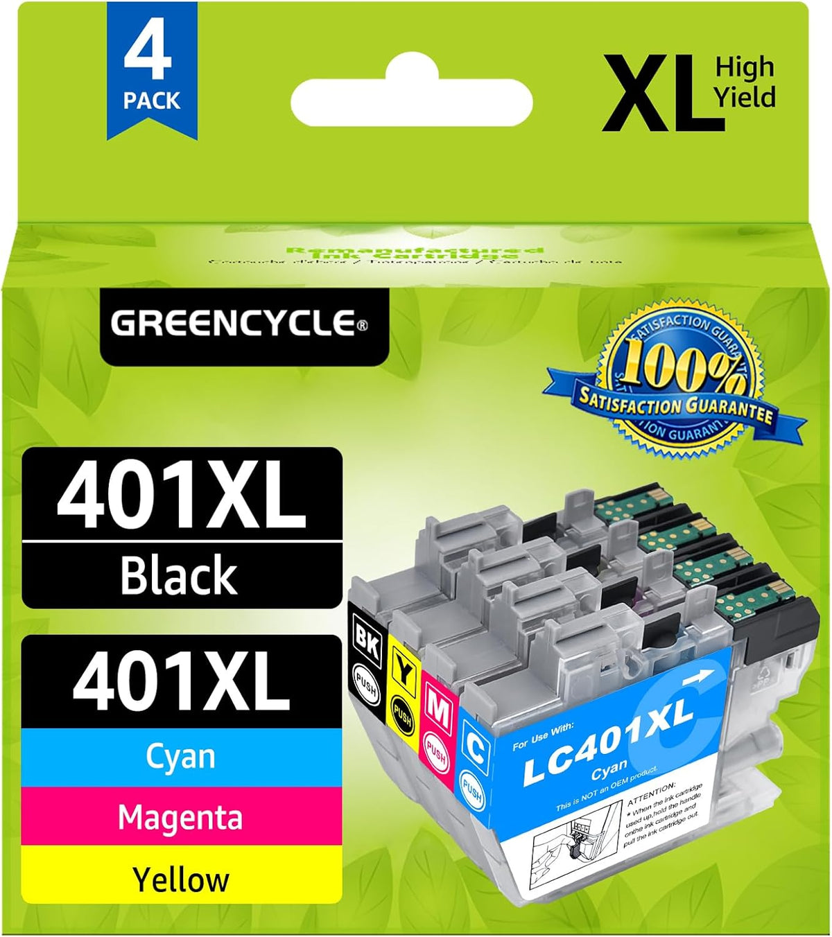 LC401XL Ink Cartridge Replacement for Brother LC401 LC 401 XL High Yield Ink Cartridges Compatible for Brother MFC-J1010 MFC-J1012 MFC-J1170 MFC-J1800 DCP-J1800DW DCP-J1140DW (BCMY, 4 Pack)