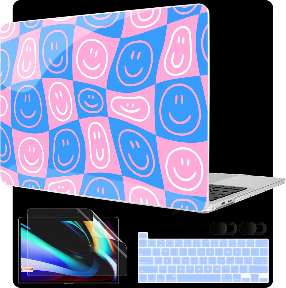 MEEgoodo Case for MacBook Pro 13 inch Case 2022 2021 2020 New A2338 M2/M1 A2251 A2289,Laptop Hard Shell with Keyboard & Camera Cover Compatible with 13 inch MacBook Pro, Smiling Faces & Checkered