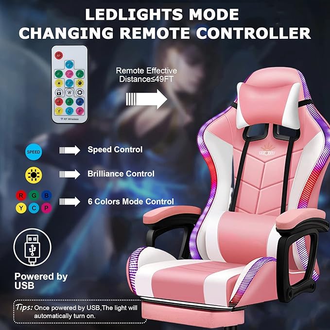 RGB Gaming Chair with Speakers Ergonomic Massage Computer Chair with Footrest Lumbar Support Headrest PU Leather 360°Swivel Recliner Chair High Back Video Game Chair for Adult TeensWhite
