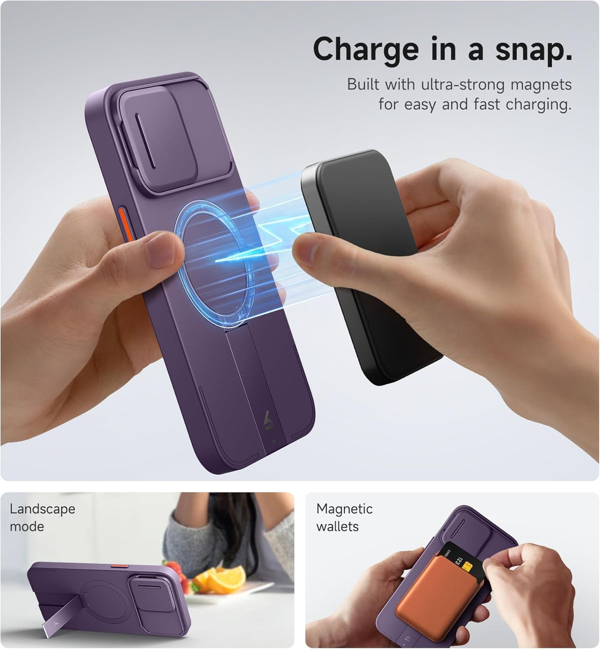 SURITCH for iPhone 14 Pro Max Case with Magnetic Camera Slide Cover and Adjustable Kickstand, Compatible with MagSafe, Shockproof Bumper Case Slim Protective Cover 6.7 Inch, Dark Purple