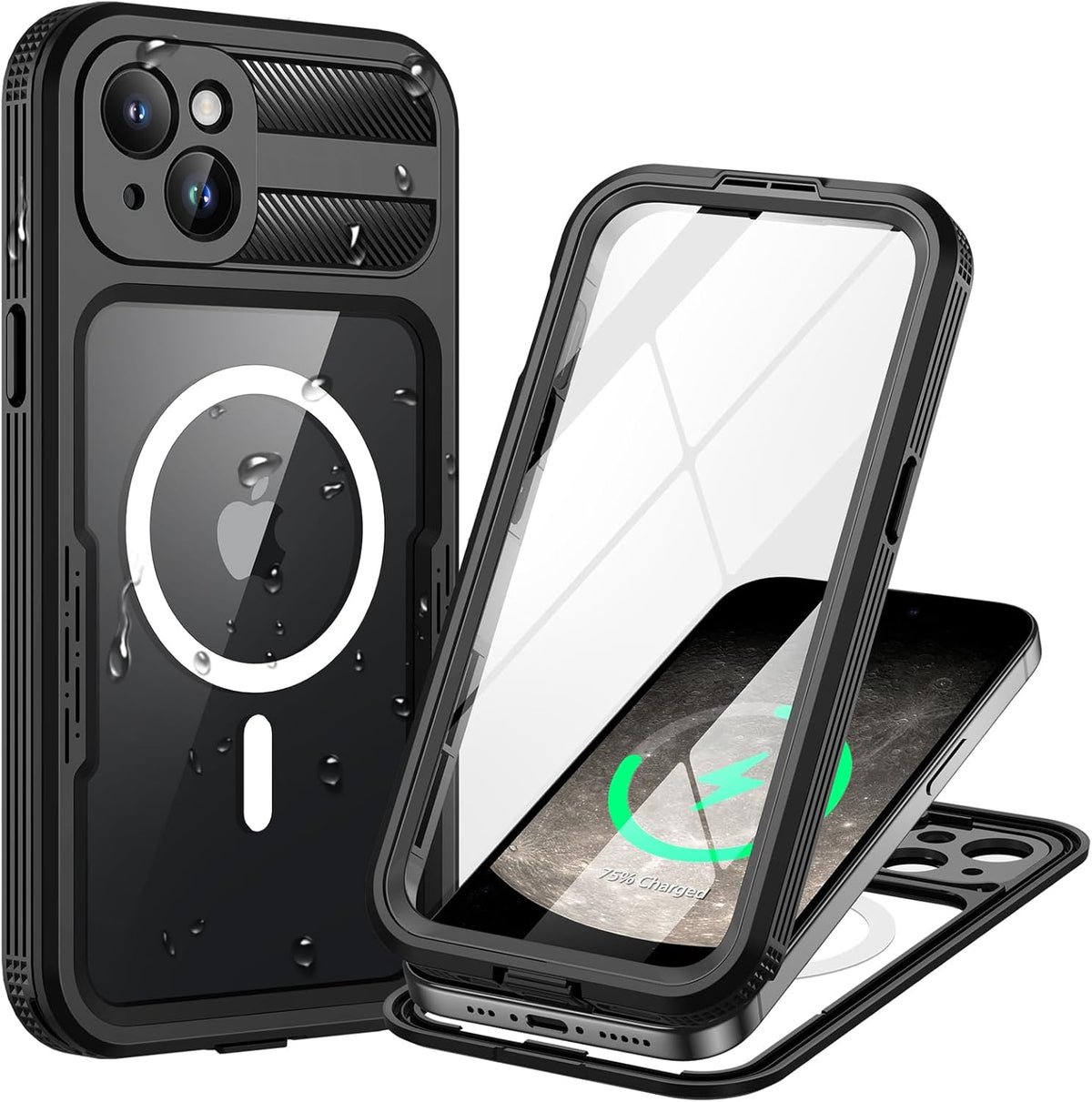 Lanhiem Magnetic for iPhone 15 Plus Case, IP68 Waterproof Dustproof Case, [Compatible with Magsafe] [Built-in Screen Protector] Full Body Heavy Duty Rugged Phone Cover 6.7 inch, Black/Clear